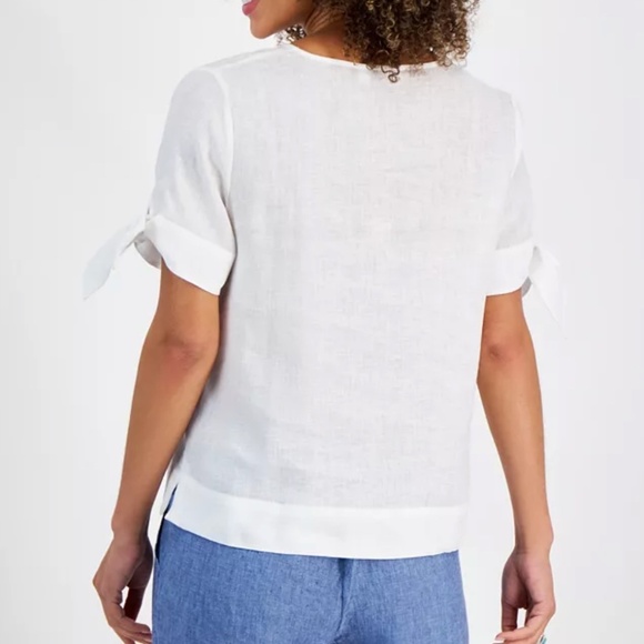Charter Club White Linen Split-Neck Top with Tie Cuffs – Size Large - Picture 3 of 10